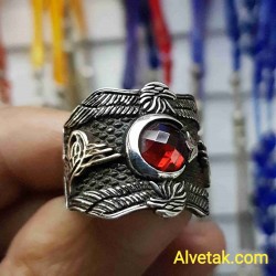 925 Ayar Kırmızı Zirkon Taşlı Ay yıldız Gümüş Erkek Yüzük : 00772